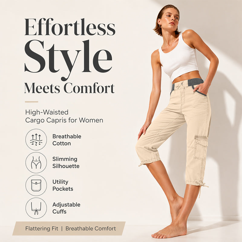 👖55% OFF NOW ! ✨Women's High-Waist Cargo Capri Pants – Breathable Cotton with Utility Pockets, Adjustable Cuffs Casual Summer Trousers