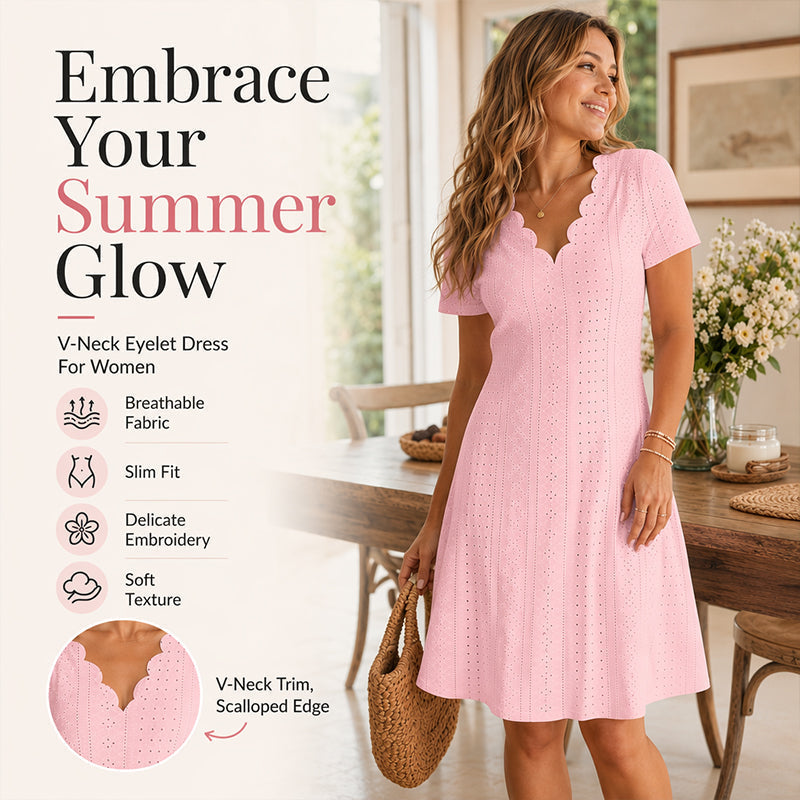 💖LAST DAY SALE ONLY ￡13.99!! 👗Top Pick - V-Neck Eyelet Dress with Scallop Trim – Lightweight & Romantic for Garden Parties or Brunch 🌿