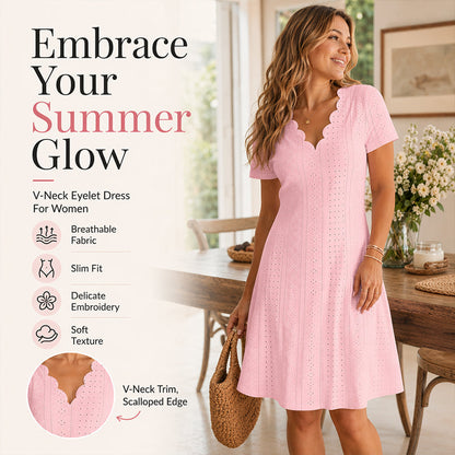💖LAST DAY SALE ONLY ￡13.99!! 👗Top Pick - V-Neck Eyelet Dress with Scallop Trim – Lightweight & Romantic for Garden Parties or Brunch 🌿