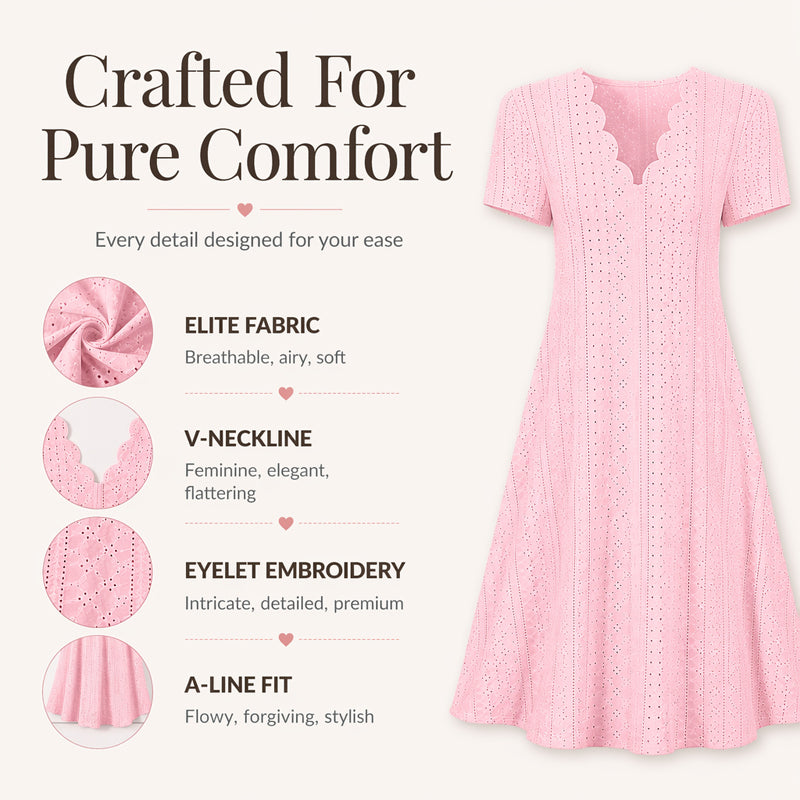 💖LAST DAY SALE ONLY ￡13.99!! 👗Top Pick - V-Neck Eyelet Dress with Scallop Trim – Lightweight & Romantic for Garden Parties or Brunch 🌿
