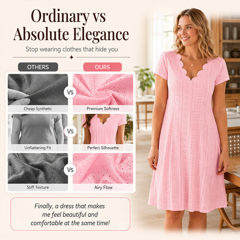 💖LAST DAY SALE ONLY ￡13.99!! 👗Top Pick - V-Neck Eyelet Dress with Scallop Trim – Lightweight & Romantic for Garden Parties or Brunch 🌿