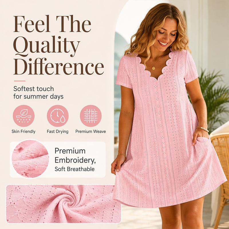 💖LAST DAY SALE ONLY ￡13.99!! 👗Top Pick - V-Neck Eyelet Dress with Scallop Trim – Lightweight & Romantic for Garden Parties or Brunch 🌿