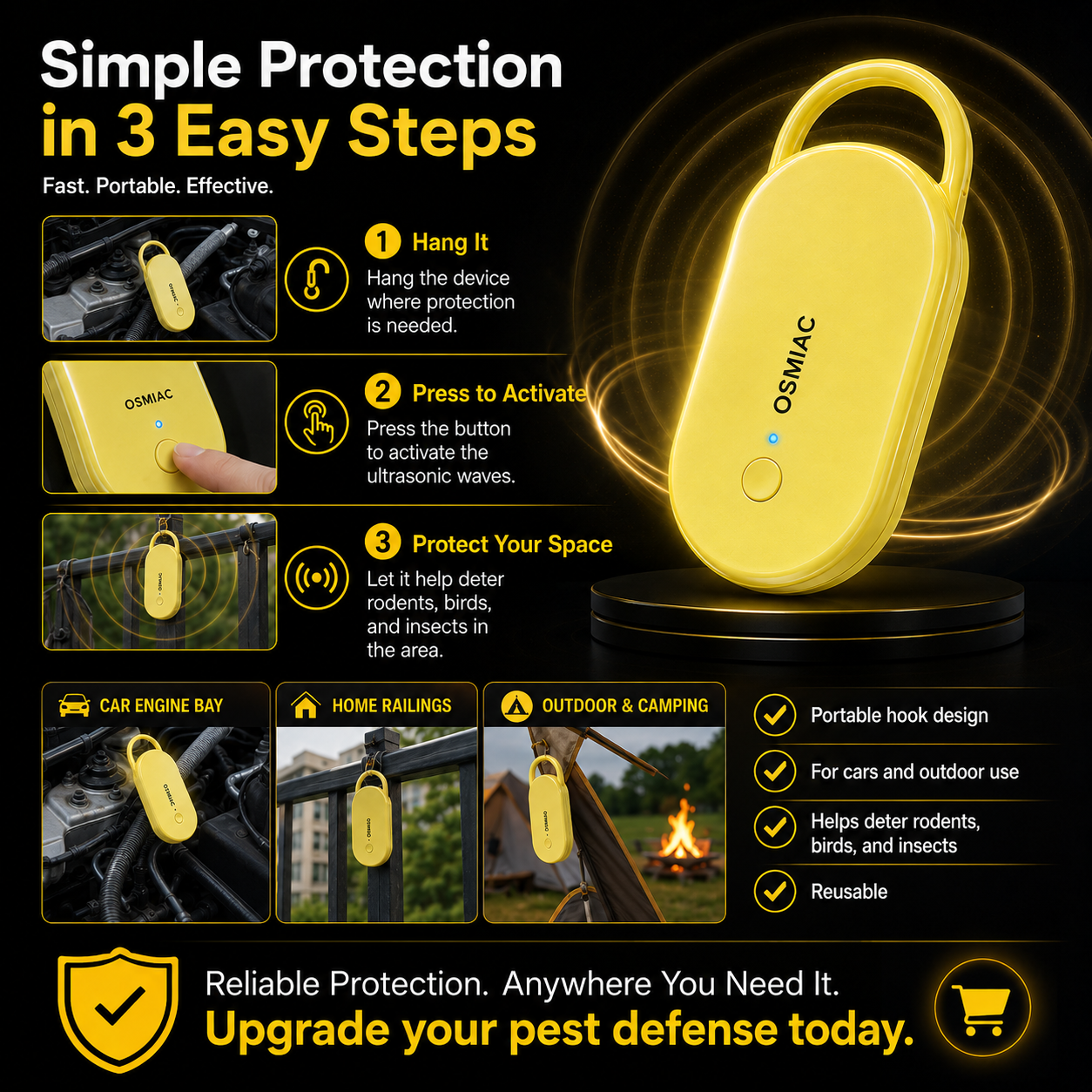 Portable Ultrasonic Pest Repeller with Hanging Hook for Car