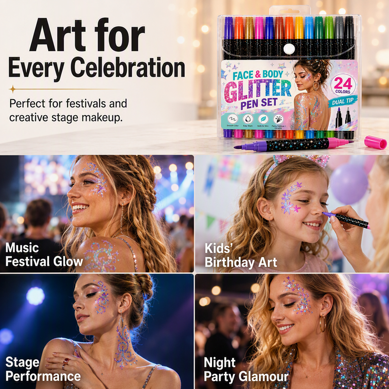 📢Last Day Sale Only ￡7.99!!⏰24-Color Face & Body Glitter Marker Set with Dual Tips