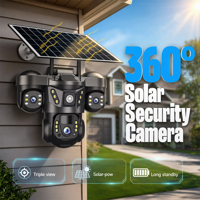 ☀️ Solar Triple-Lens Security Camera  – Clear Day/Night Monitoring 🏠
