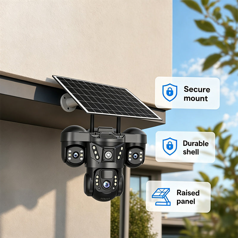 ☀️ Solar Triple-Lens Security Camera  – Clear Day/Night Monitoring 🏠
