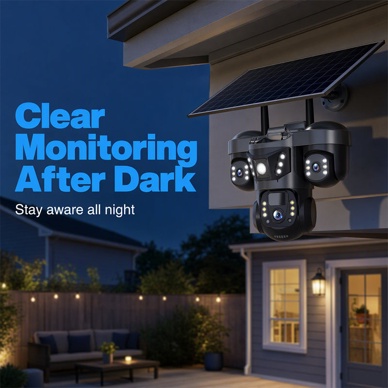 ☀️ Solar Triple-Lens Security Camera  – Clear Day/Night Monitoring 🏠