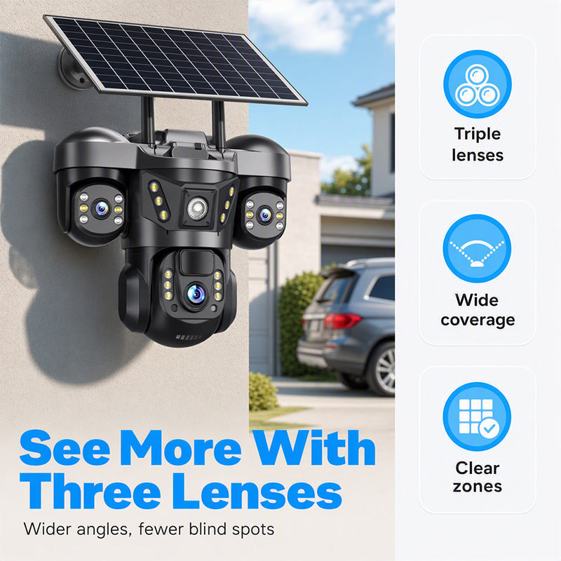☀️ Solar Triple-Lens Security Camera  – Clear Day/Night Monitoring 🏠