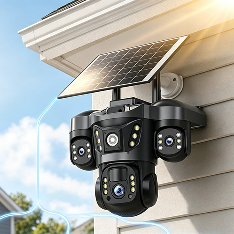 ☀️ Solar Triple-Lens Security Camera  – Clear Day/Night Monitoring 🏠