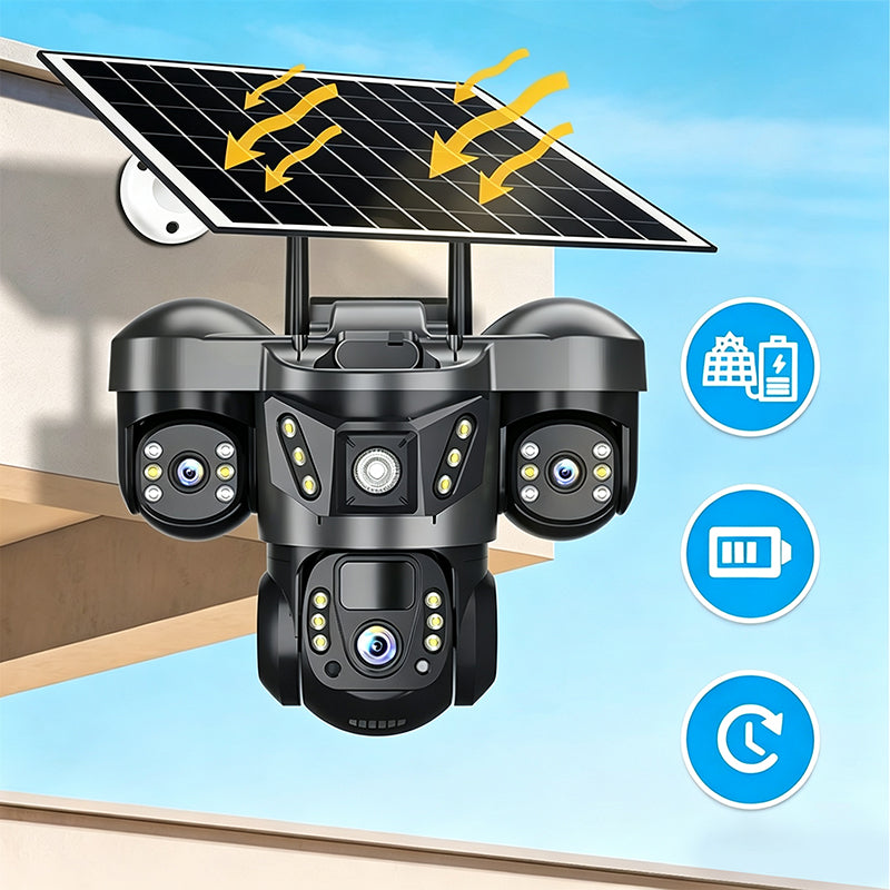 ☀️ Solar Triple-Lens Security Camera  – Clear Day/Night Monitoring 🏠