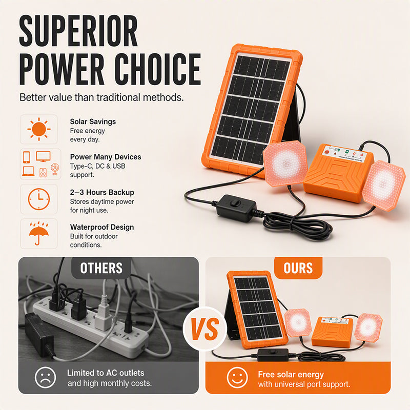☀️🔋 Portable Solar Power System – USB/Type-C Solar Generator with 2 LED Lights