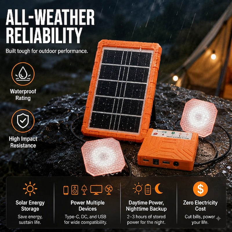 ☀️🔋 Portable Solar Power System – USB/Type-C Solar Generator with 2 LED Lights