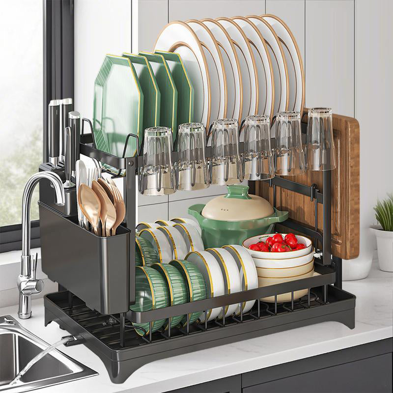 🍽️ 2-Tier Dish Drying Rack with Drainboard: Large Capacity, 360° Rotating Spout, Sturdy Carbon Steel, Space-Saving Design