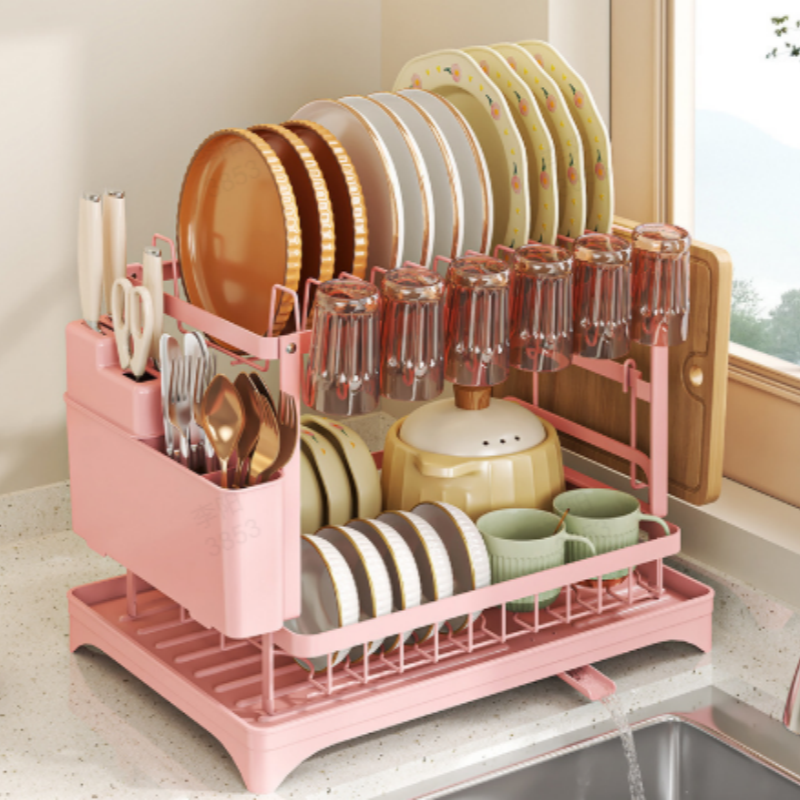🍽️ 2-Tier Dish Drying Rack with Drainboard: Large Capacity, 360° Rotating Spout, Sturdy Carbon Steel, Space-Saving Design