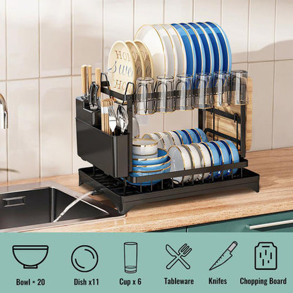 🍽️ 2-Tier Dish Drying Rack with Drainboard: Large Capacity, 360° Rotating Spout, Sturdy Carbon Steel, Space-Saving Design