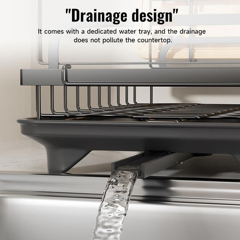 🍽️ 2-Tier Dish Drying Rack with Drainboard: Large Capacity, 360° Rotating Spout, Sturdy Carbon Steel, Space-Saving Design