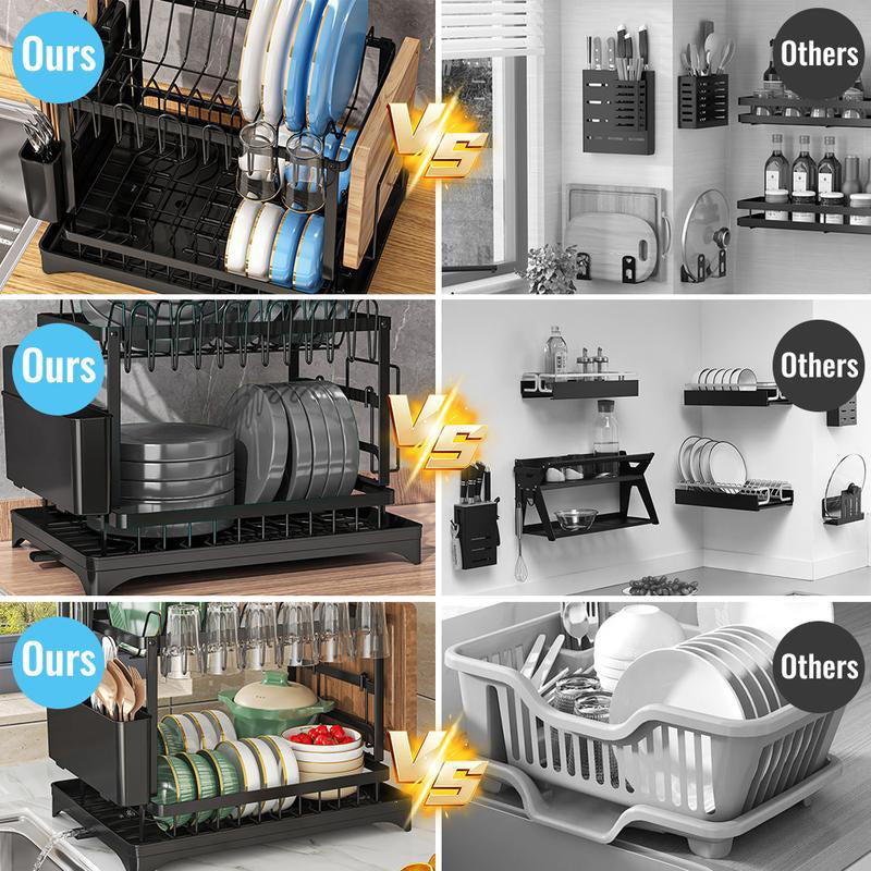 🍽️ 2-Tier Dish Drying Rack with Drainboard: Large Capacity, 360° Rotating Spout, Sturdy Carbon Steel, Space-Saving Design