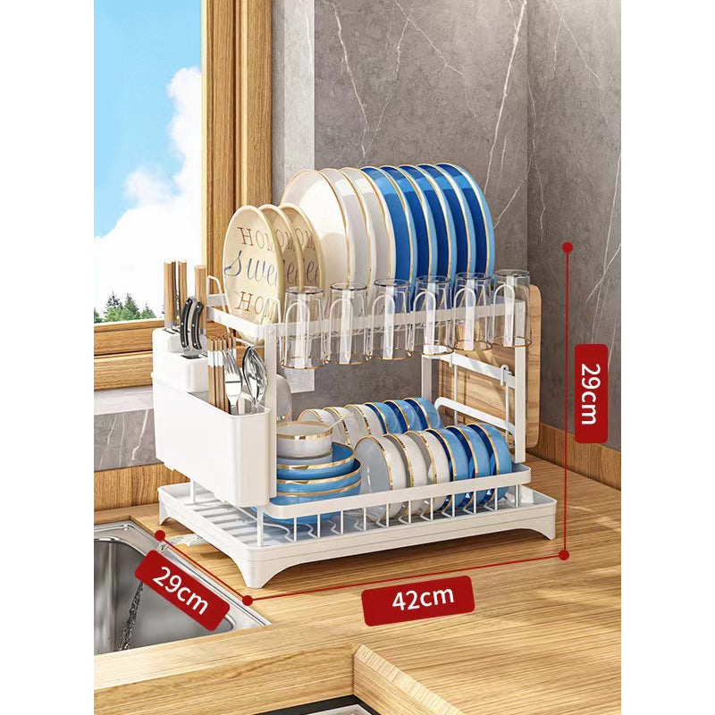 🍽️ 2-Tier Dish Drying Rack with Drainboard: Large Capacity, 360° Rotating Spout, Sturdy Carbon Steel, Space-Saving Design