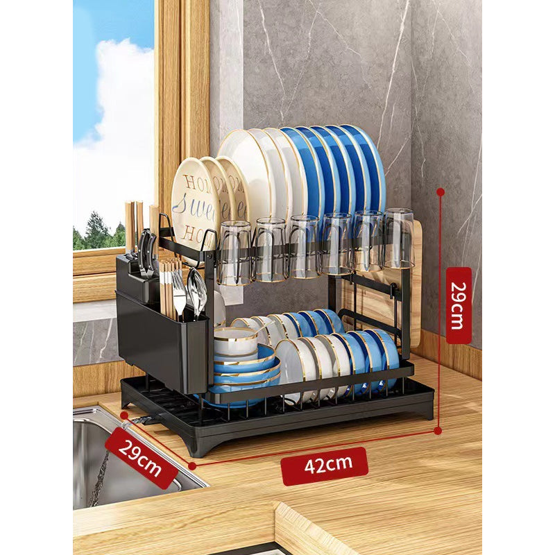 🍽️ 2-Tier Dish Drying Rack with Drainboard: Large Capacity, 360° Rotating Spout, Sturdy Carbon Steel, Space-Saving Design