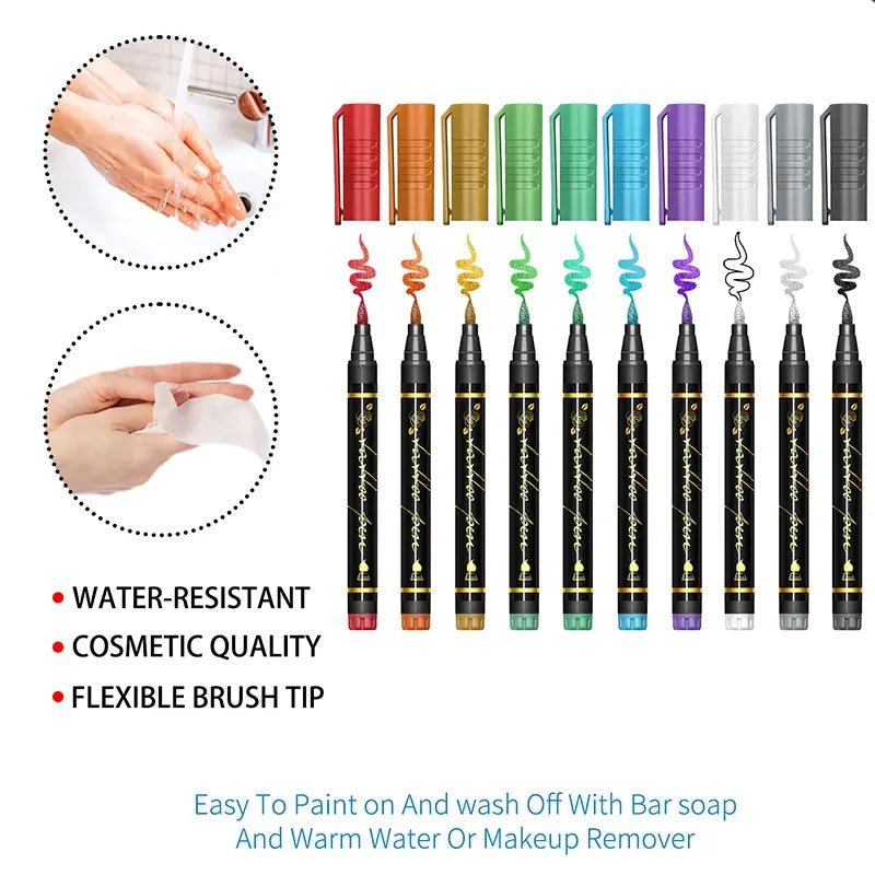 🎁🔥Last day sale 50% OFF🔥Cosmetic Grade Temporary Tattoo Markers for Skin, 10/15 Vibrant Colors Flexible Brush Tip Pens,, High Detail, Face Makeup Halloween, None Toxic, Office Stationery Writing Tool