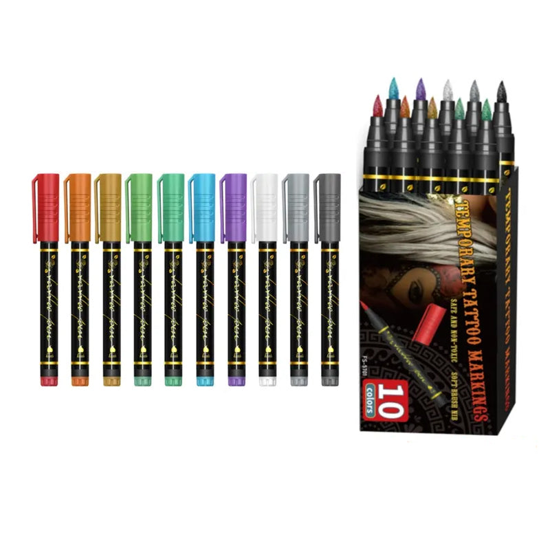 🎁🔥Last day sale 50% OFF🔥Cosmetic Grade Temporary Tattoo Markers for Skin, 10/15 Vibrant Colors Flexible Brush Tip Pens,, High Detail, Face Makeup Halloween, None Toxic, Office Stationery Writing Tool