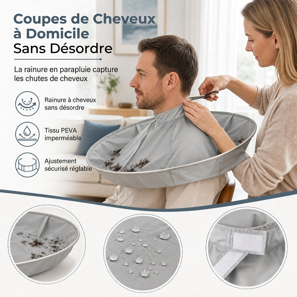 Hair Cutting Cape with Catcher – built-in groove traps clippings, no mess on clothes or floors. Waterproof, non-static, folds flat. Perfect for home trims & kids' cuts