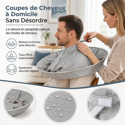 Hair Cutting Cape with Catcher – built-in groove traps clippings, no mess on clothes or floors. Waterproof, non-static, folds flat. Perfect for home trims & kids' cuts