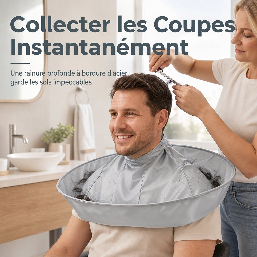 Hair Cutting Cape with Catcher – built-in groove traps clippings, no mess on clothes or floors. Waterproof, non-static, folds flat. Perfect for home trims & kids' cuts