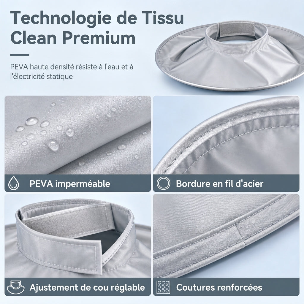 Hair Cutting Cape with Catcher – built-in groove traps clippings, no mess on clothes or floors. Waterproof, non-static, folds flat. Perfect for home trims & kids' cuts