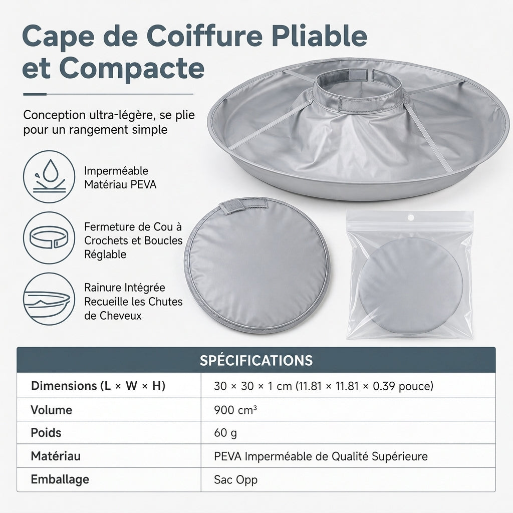 Hair Cutting Cape with Catcher – built-in groove traps clippings, no mess on clothes or floors. Waterproof, non-static, folds flat. Perfect for home trims & kids' cuts