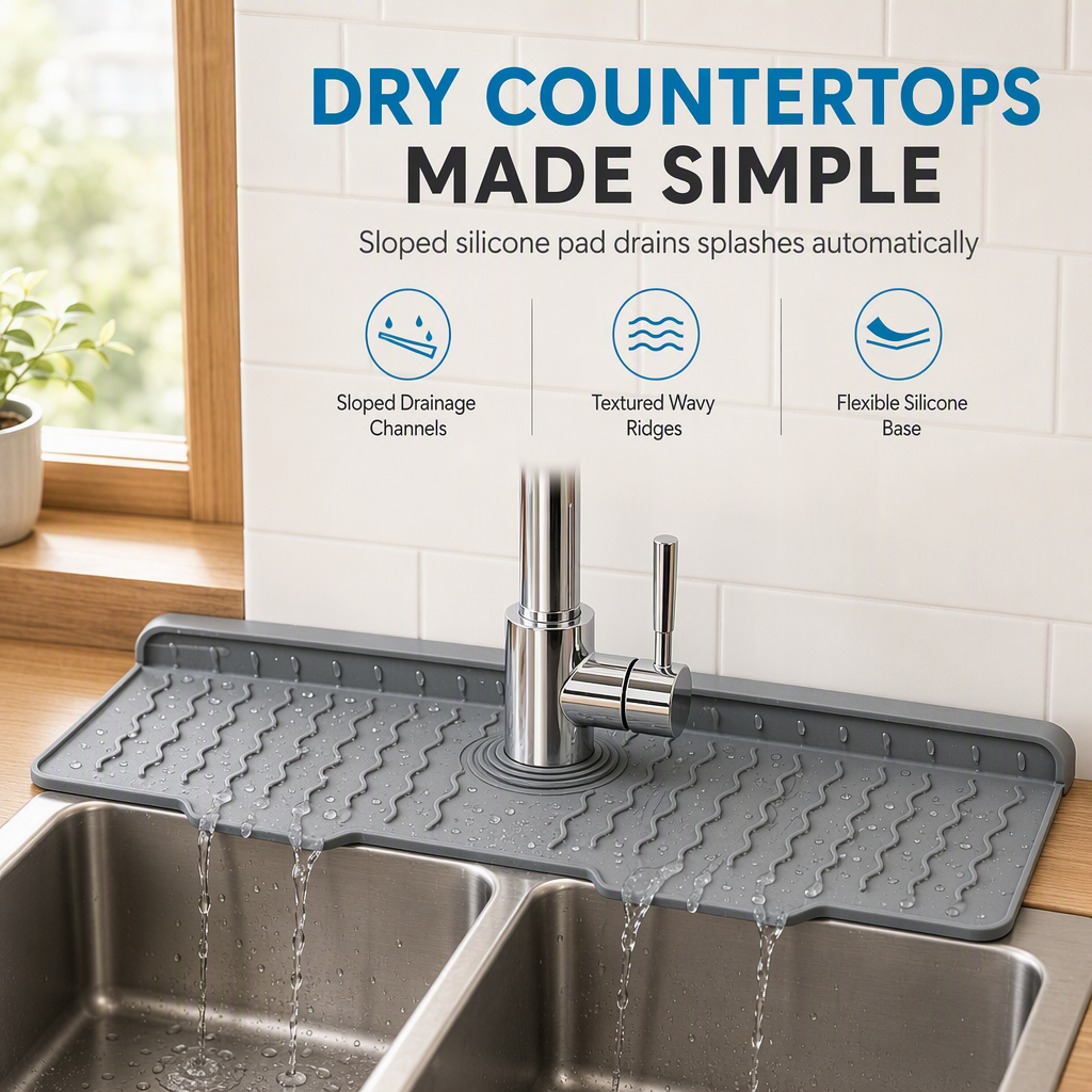 🎁2026 New Arrivals 50% OFF💧 Silicone Faucet Splash Guard Mat – Drain Fast & Cuttable, Keep Sinks Tidy 🧽