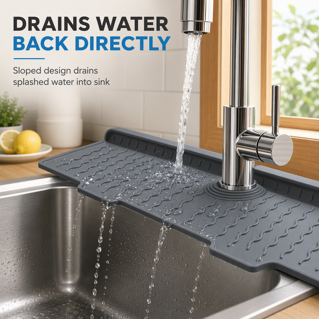 🎁2026 New Arrivals 50% OFF💧 Silicone Faucet Splash Guard Mat – Drain Fast & Cuttable, Keep Sinks Tidy 🧽