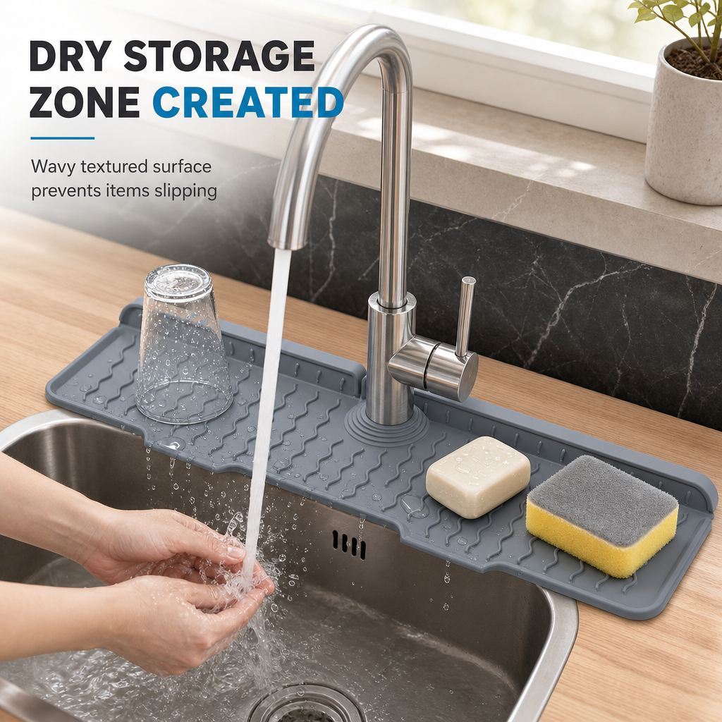 🎁2026 New Arrivals 50% OFF💧 Silicone Faucet Splash Guard Mat – Drain Fast & Cuttable, Keep Sinks Tidy 🧽