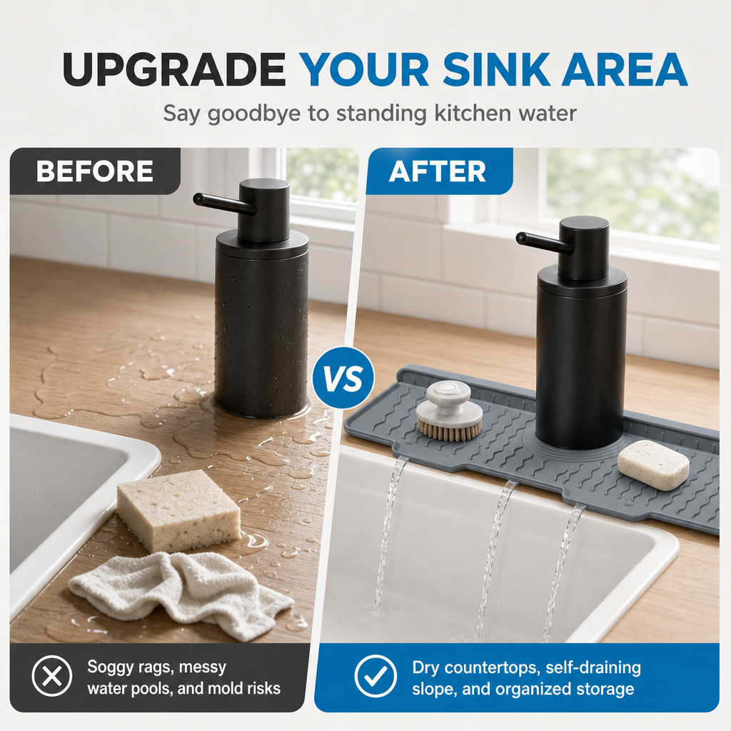 🎁2026 New Arrivals 50% OFF💧 Silicone Faucet Splash Guard Mat – Drain Fast & Cuttable, Keep Sinks Tidy 🧽