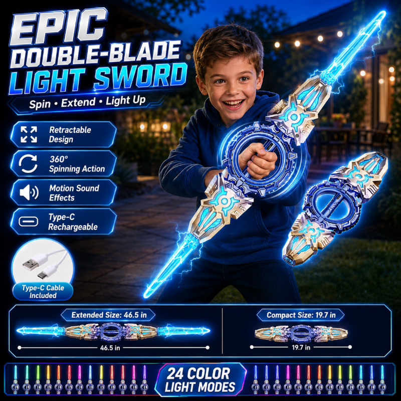 🥳2026 HOT SALE🥳💞50K+ SOLD! ⚔️✨Rechargeable Double-Blade Light Up Sword – 360° spin, extendable, 24 light modes, motion sounds, USB-C. Epic gift for kids 6+! 🎁💪