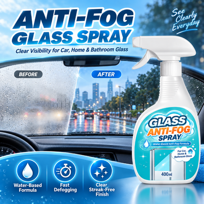 🥳2026 HOT SALE🥳 Glass Anti-Fog Spray – water-based formula prevents foggy build-up, long-lasting clarity, streak-free. For car windshields, mirrors & home windows! ✨💪