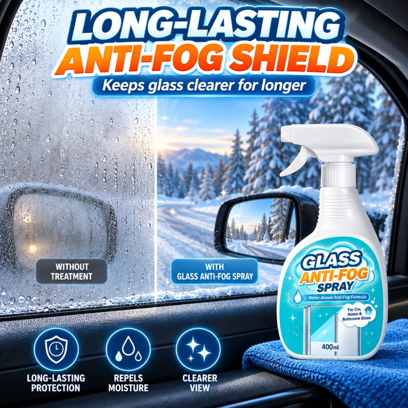 🥳2026 HOT SALE🥳 Glass Anti-Fog Spray – water-based formula prevents foggy build-up, long-lasting clarity, streak-free. For car windshields, mirrors & home windows! ✨💪