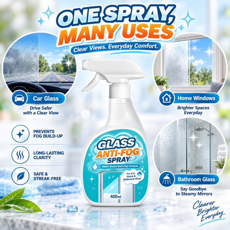🥳2026 HOT SALE🥳 Glass Anti-Fog Spray – water-based formula prevents foggy build-up, long-lasting clarity, streak-free. For car windshields, mirrors & home windows! ✨💪