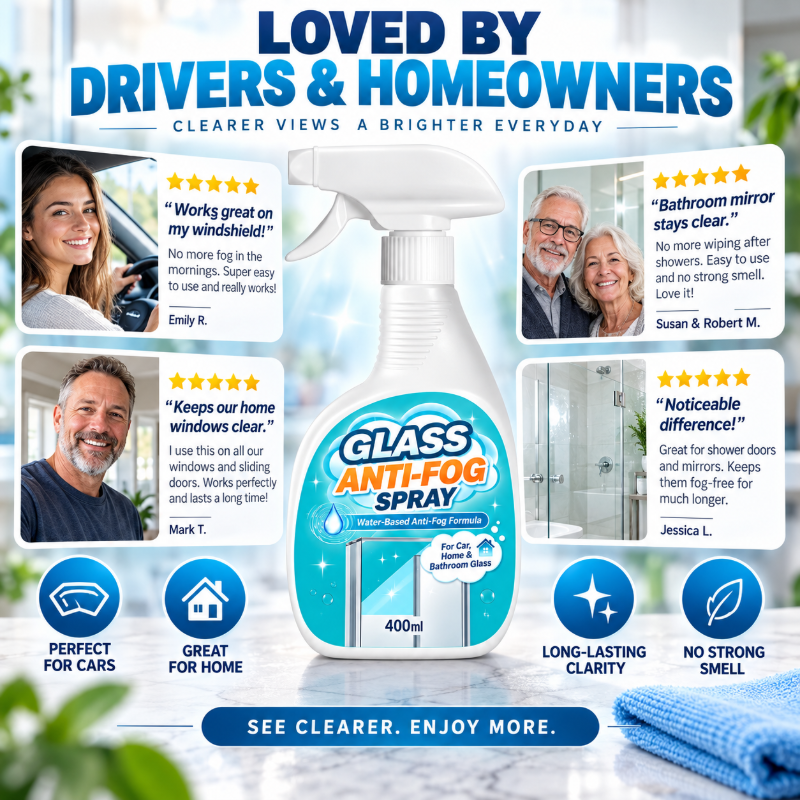 🥳2026 HOT SALE🥳 Glass Anti-Fog Spray – water-based formula prevents foggy build-up, long-lasting clarity, streak-free. For car windshields, mirrors & home windows! ✨💪