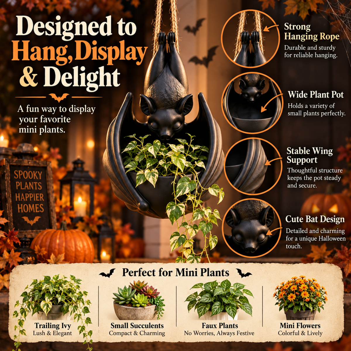 Halloween Bat Hanging Plant Pot