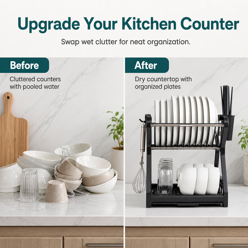 ⏰ Multi-Layer Steel Dish Drying Rack – Vertical Storage, Drip Tray, Tool-Free Install ✨