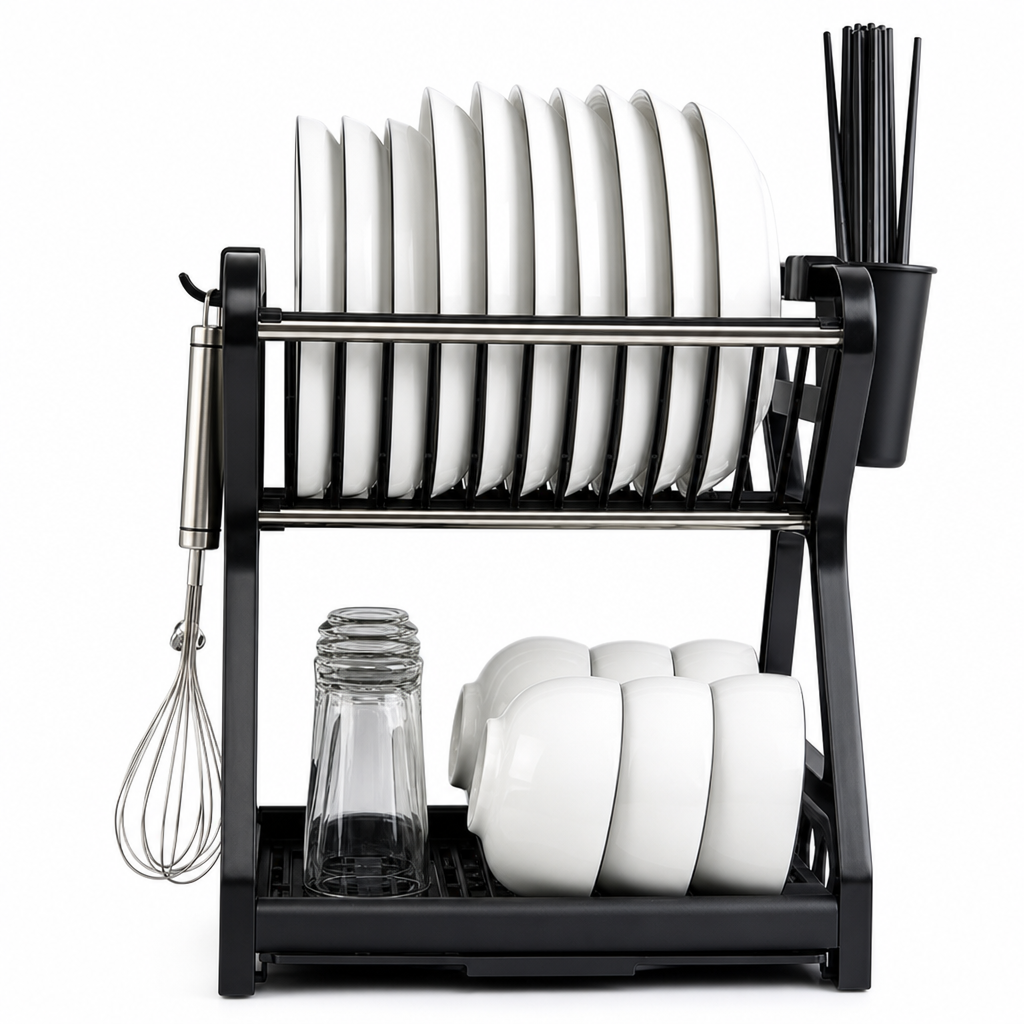⏰ Multi-Layer Steel Dish Drying Rack – Vertical Storage, Drip Tray, Tool-Free Install ✨