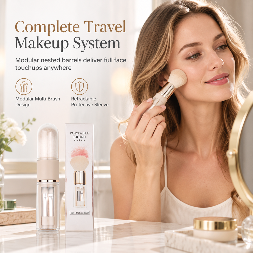 🖌️LAST DAY SALE 60% OFF !!📢Portable Retractable Makeup Brush Set – Multifunctional Travel Cosmetic Tool with Powder, Blush & Silicone Lip Brush