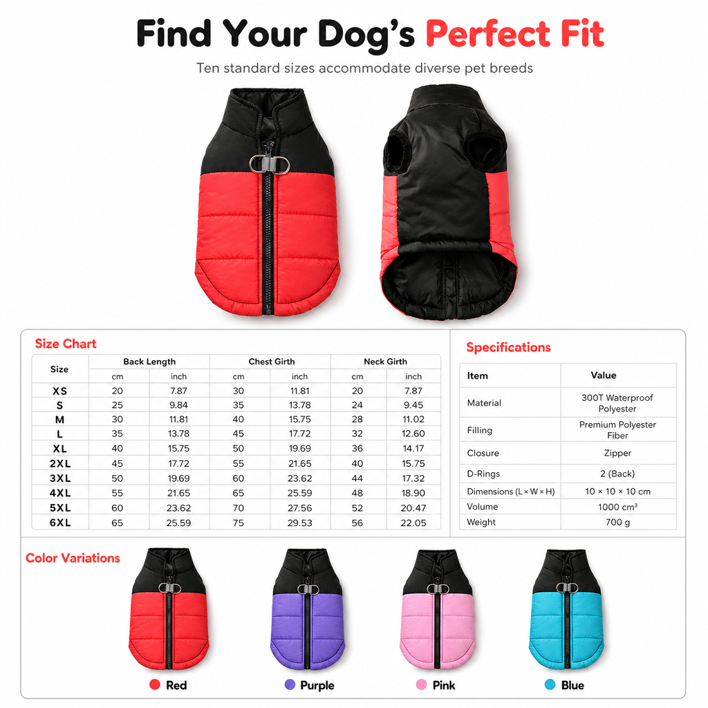 🐕❄️Fall Winter Thick Padded Windproof Dog Coat Vest | Integrated Back Steel D Ring Leash Point🧥