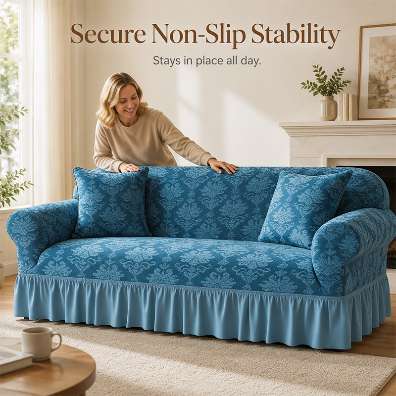 Elastic Embossed Jacquard Sofa Cover with Ruffled Skirt
