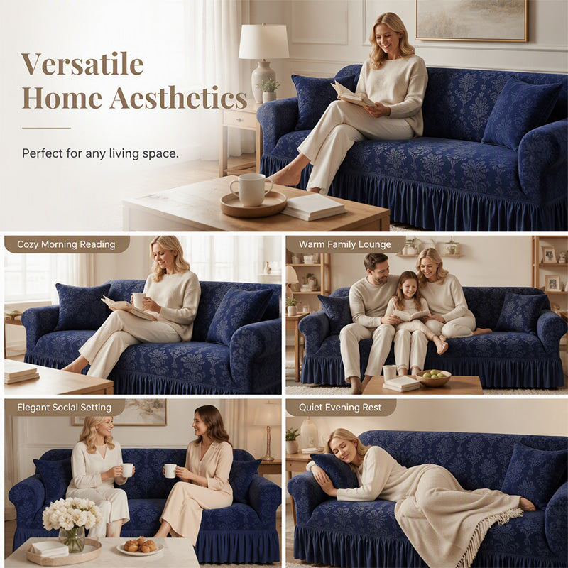 Elastic Embossed Jacquard Sofa Cover with Ruffled Skirt