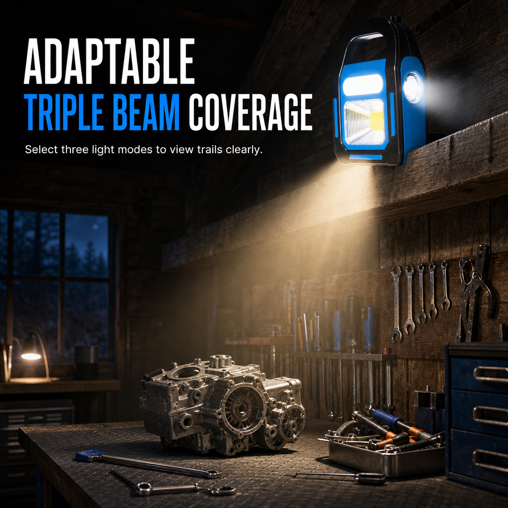 3-in-1 Solar COB LED Work Light – front, auxiliary & side lights, solar/USB charging, IP44 waterproof