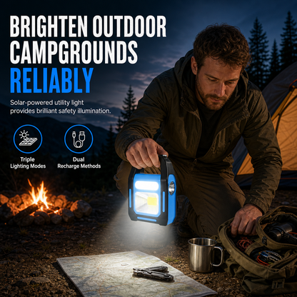 3-in-1 Solar COB LED Work Light – front, auxiliary & side lights, solar/USB charging, IP44 waterproof
