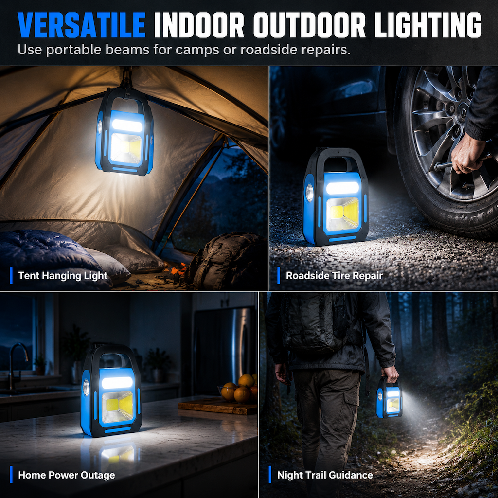 3-in-1 Solar COB LED Work Light – front, auxiliary & side lights, solar/USB charging, IP44 waterproof