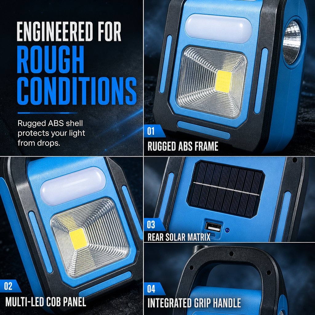 3-in-1 Solar COB LED Work Light – front, auxiliary & side lights, solar/USB charging, IP44 waterproof